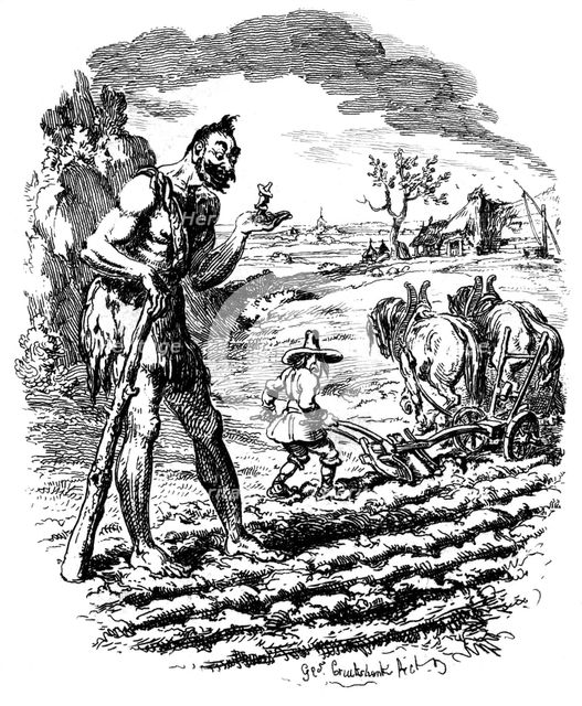 A giant stands in a field as a farmer ploughs, 19th century.Artist: George Cruikshank