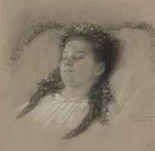 A Girl on Her Deathbed with a Crown of Flowers, 1882. Creator: Eduard Julius Friedrich Bendemann