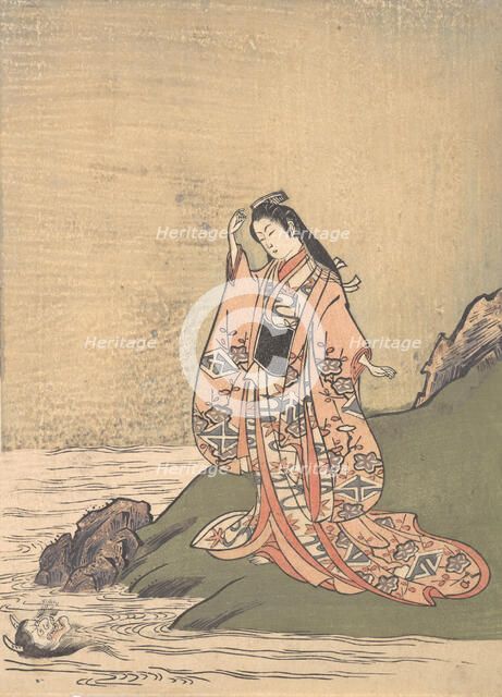 A Girl on the Edge of a Stream Sees a Demon's Head in the Water, mid-late 18th century. Creator: Komatsuken Shoshoken.