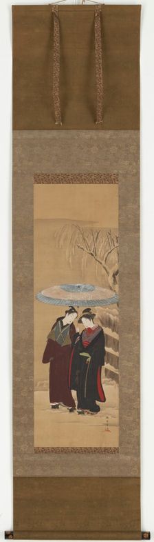 A Girl and a man walking in the snow, mid 18th century. Creator: Shunsho