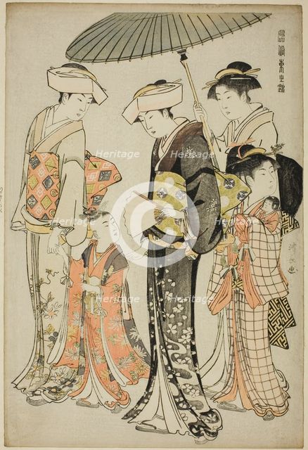 A Girl and Four Servants, from the series "A Brocade of Eastern Manners..., c. 1783/84. Creator: Torii Kiyonaga.