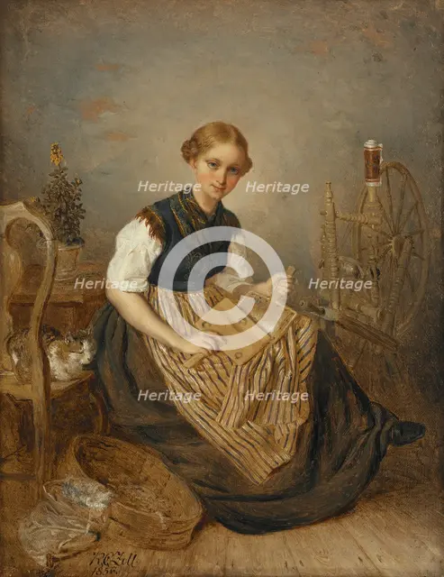 A Girl Carding, 1856. Creator: Kilian Christoffer Zoll.