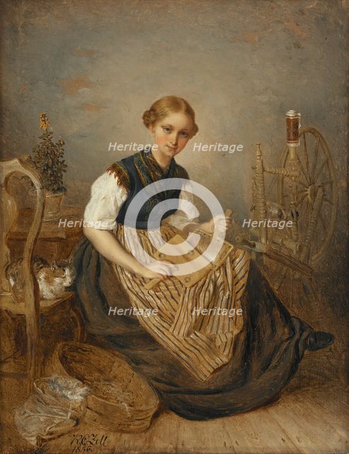 A Girl Carding, 1856. Creator: Kilian Christoffer Zoll.