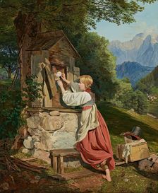 A girl decorates the Mother of God with a rose, 1836. Creator: Ferdinand Georg Waldmuller