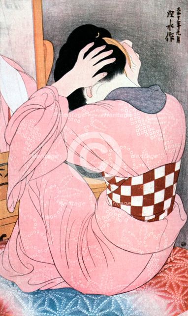 'A Girl Dressing her Hair', or, 'Woman with an Undersash', c1921.Artist: Ito Shinsui