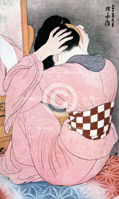 'A Girl Dressing her Hair', or, 'Woman with an Undersash', c1921.Artist: Ito Shinsui