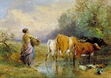 A Girl driving Cattle across a Stream 19th century. Creator: Birket Foster