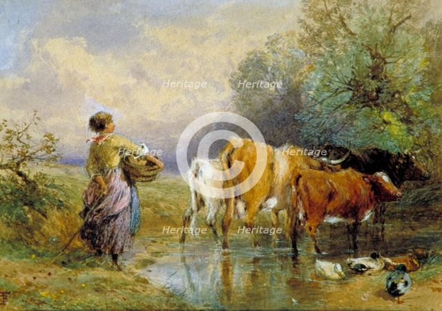 'A Girl driving Cattle across a Stream', 19th century. Creator: Birket Foster.