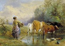 A Girl driving Cattle across a Stream 19th century. Creator: Birket Foster