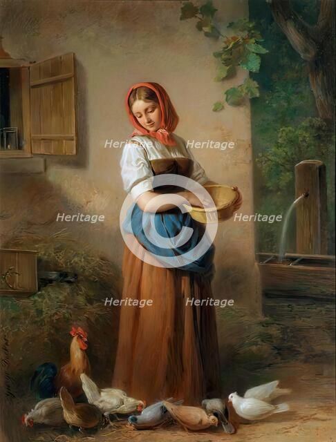 A girl feeding chickens and pigeons, around 1850/1855. Creator: Georg Decker.
