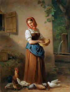 A girl feeding chickens and pigeons, around 1850/1855. Creator: Georg Decker