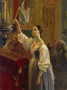 A girl placed a candle before the icon, 1842. Artist: Mikhaylov, Grigori Karpovich (1814-1867)