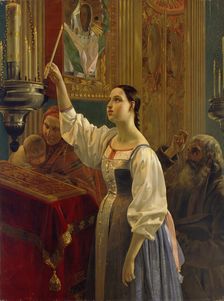 A girl placed a candle before the icon, 1842. Artist: Mikhaylov, Grigori Karpovich (1814-1867)