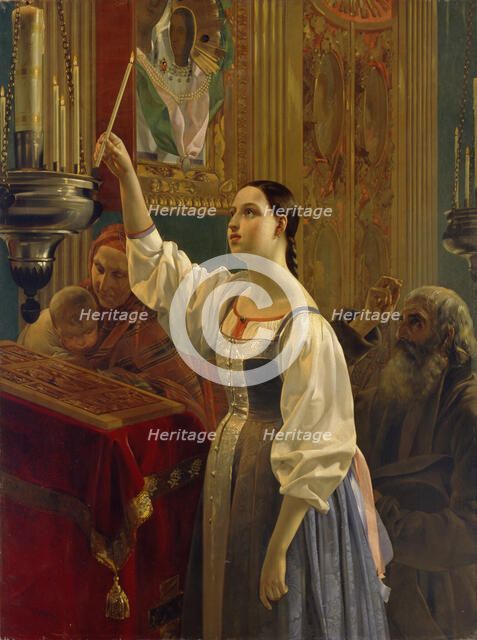A girl placed a candle before the icon, 1842. Artist: Mikhaylov, Grigori Karpovich (1814-1867)