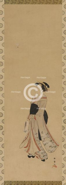 A girl playing battledore and shuttlecock, Edo period, 18th century. Creator: Shunsho.