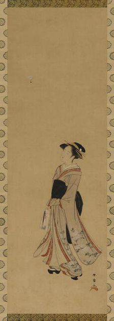 A girl playing battledore and shuttlecock, Edo period, 18th century. Creator: Shunsho