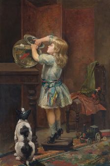 A girl playing with a fish tank, 1890. Creator: Francisco Díaz Carreño