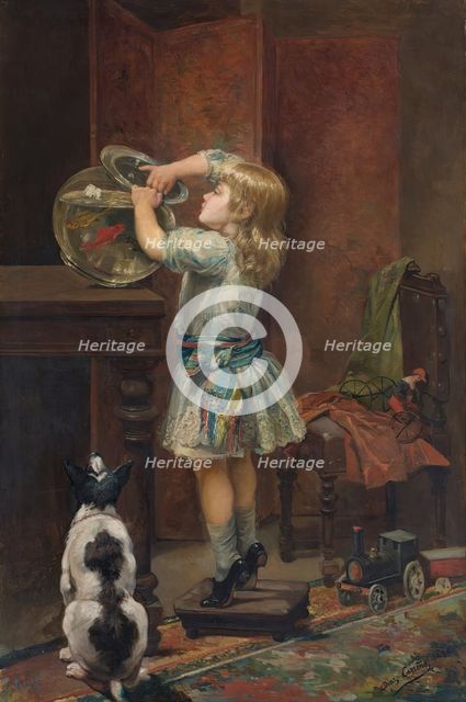 A girl playing with a fish tank, 1890. Creator: Francisco Díaz Carreño.
