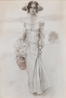A girl with a jug and a bouquet of flowers, 1914. Creator: Veith, Eduard (1856-1925)