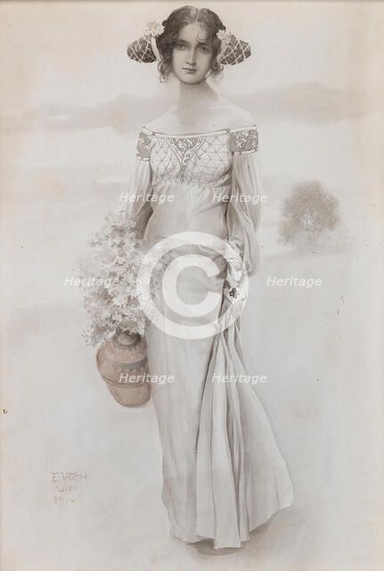 A girl with a jug and a bouquet of flowers, 1914. Creator: Veith, Eduard (1856-1925).