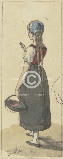 A girl with long braids and a basket, seen from behind, 1830. Creator: Jakob Dielmann.