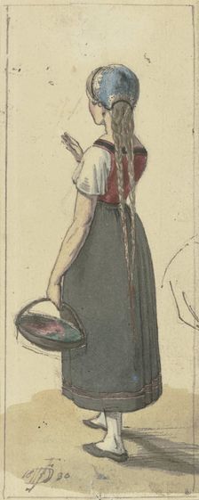 A girl with long braids and a basket, seen from behind, 1830. Creator: Jakob Dielmann