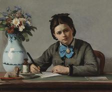 A Girl Writing, 1872. Creator: Adolf von Becker