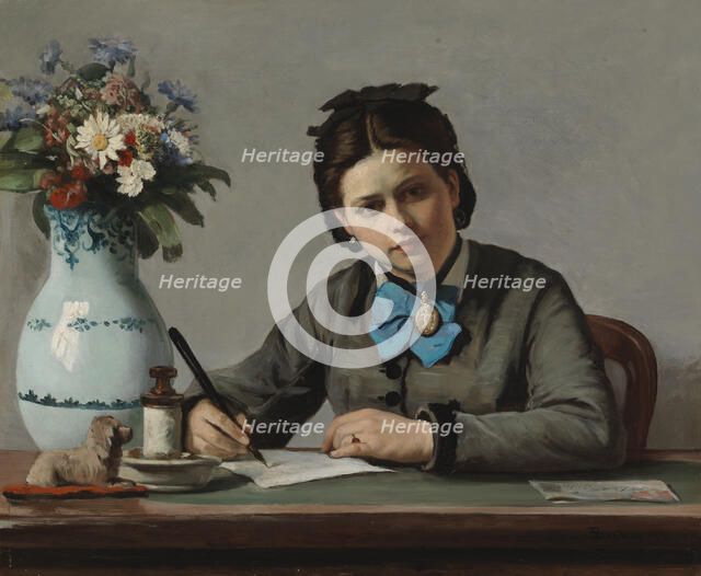 A Girl Writing, 1872. Creator: Adolf von Becker.