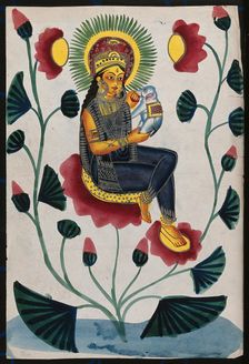 A goddess on a flowering plant holding a baby elephant, could either be Lakshmi or Parvati. Creator: Unknown