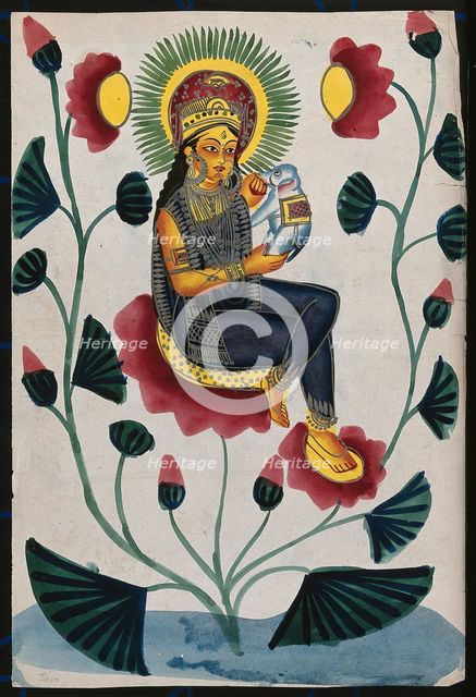 A goddess on a flowering plant holding a baby elephant, could either be Lakshmi or Parvati. Creator: Unknown.