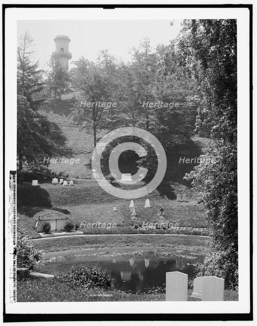 A Glimpse of the tower, Mt. Auburn Cemetery, Cambridge, Mass., between 1890 and 1901. Creator: Unknown.