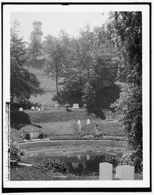 A Glimpse of the tower, Mt. Auburn Cemetery, Cambridge, Mass., between 1890 and 1901. Creator: Unknown