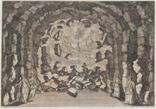 A grotto with collapsing rocks, opening to a sky full of the enthroned gods of Olympus, in..., 1678. Creator: Mathäus Küsel