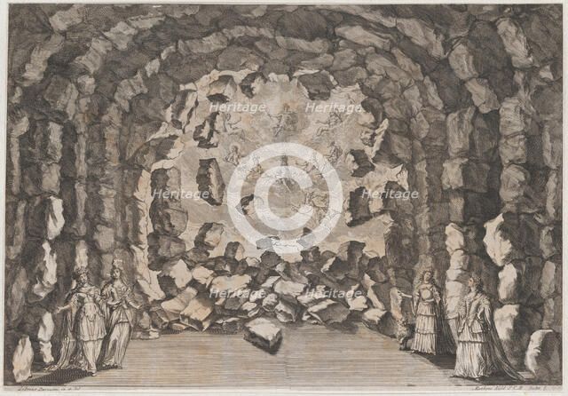 A grotto with collapsing rocks, opening to a sky full of the enthroned gods of Olympus, in..., 1678. Creator: Mathäus Küsel.