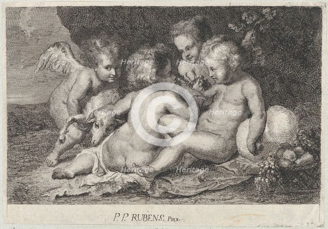 A group of three children and a putto with fruit and a lamb, ca. 1760-1801. Creator: Philippe Lambert Joseph Spruyt.