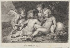 A group of three children and a putto with fruit and a lamb, ca. 1760-1801. Creator: Philippe Lambert Joseph Spruyt
