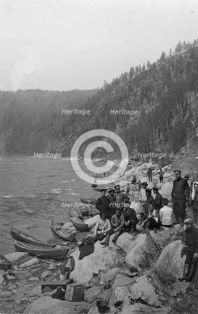 A Group of Topographers After Unloading Boats for Detouring the Mrassu River Rapid, 1913. Creator: GI Ivanov.