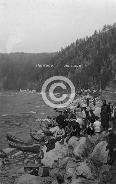 A Group of Topographers After Unloading Boats for Detouring the Mrassu River Rapid, 1913. Creator: GI Ivanov.