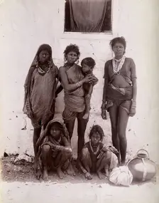 A group of women and children wearing decorated rings in their noses: Bombay at the..., 1896/1897. Creator: Unknown