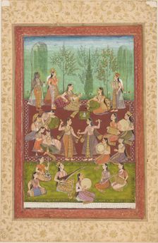 A group of women in a garden, entertaining themselves with music and dancing, mid 18th century. Creator: Unknown