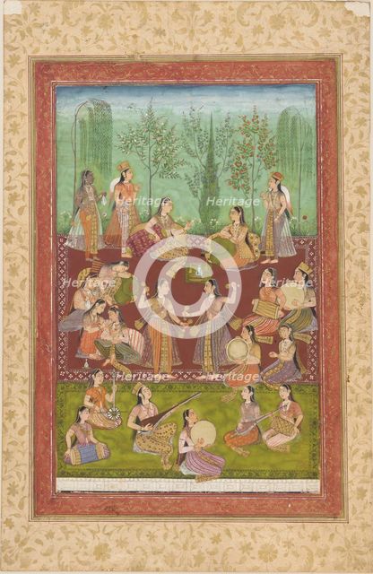 A group of women in a garden, entertaining themselves with music and dancing, mid 18th century. Creator: Unknown.
