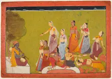 A group of women in ecstasy before before Madhava, from a Madhavanala Kamakandala series, c1700. Creator: Unknown