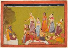 A group of women in ecstasy before before Madhava, from a Madhavanala Kamakandala series, c1700. Creator: Unknown