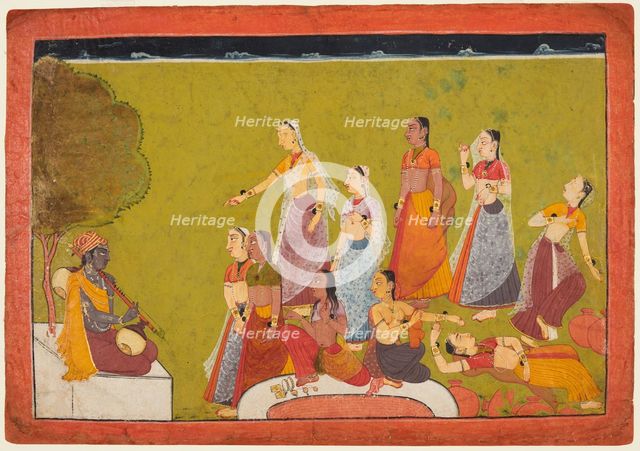 A group of women in ecstasy before before Madhava, from a Madhavanala Kamakandala series, c1700. Creator: Unknown.