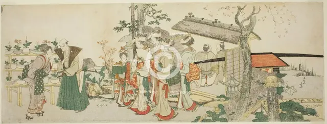 A Group of Young Women Entering the Garden of a Horticulturist, Japan, n.d. Creator: Hokusai.