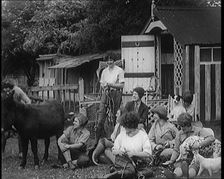 A Group of Young Female Civilians Sitting Outdoors with Various Animals Around Them, 1920. Creator: British Pathe Ltd