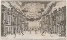 A group of young men dancing as the gods look on from above; set design from Il Pomo D'Or..., 1668. Creator: Mathäus Küsel