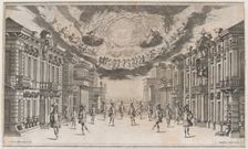 A group of young men dancing as the gods look on from above; set design from Il Pomo D'Or..., 1668. Creator: Mathäus Küsel