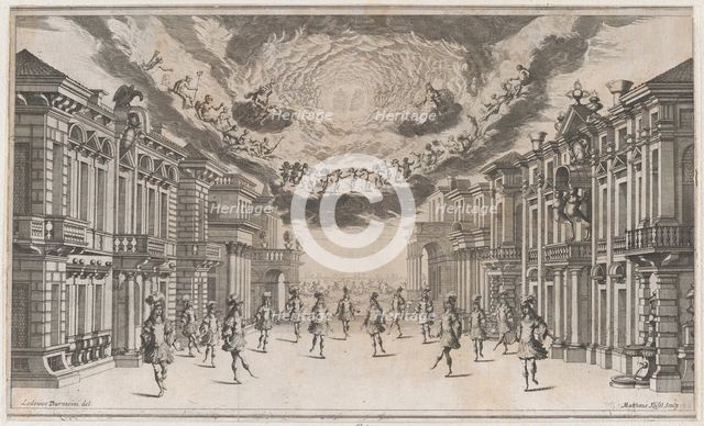 A group of young men dancing as the gods look on from above; set design from 'Il Pomo D'Or..., 1668. Creator: Mathäus Küsel.
