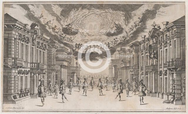 A group of young men dancing as the gods look on from above; set design from 'Il Pomo D'Or..., 1668. Creator: Mathäus Küsel.
